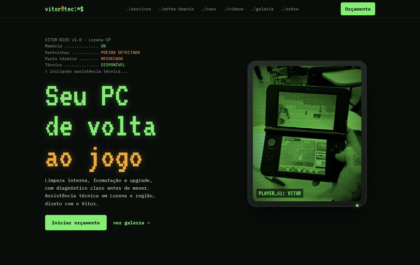 A página do Vitor no computador