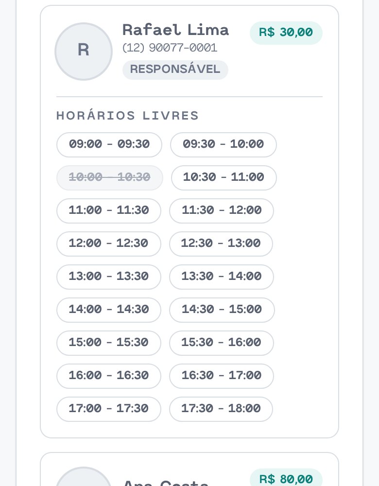 Horários livres de cada profissional